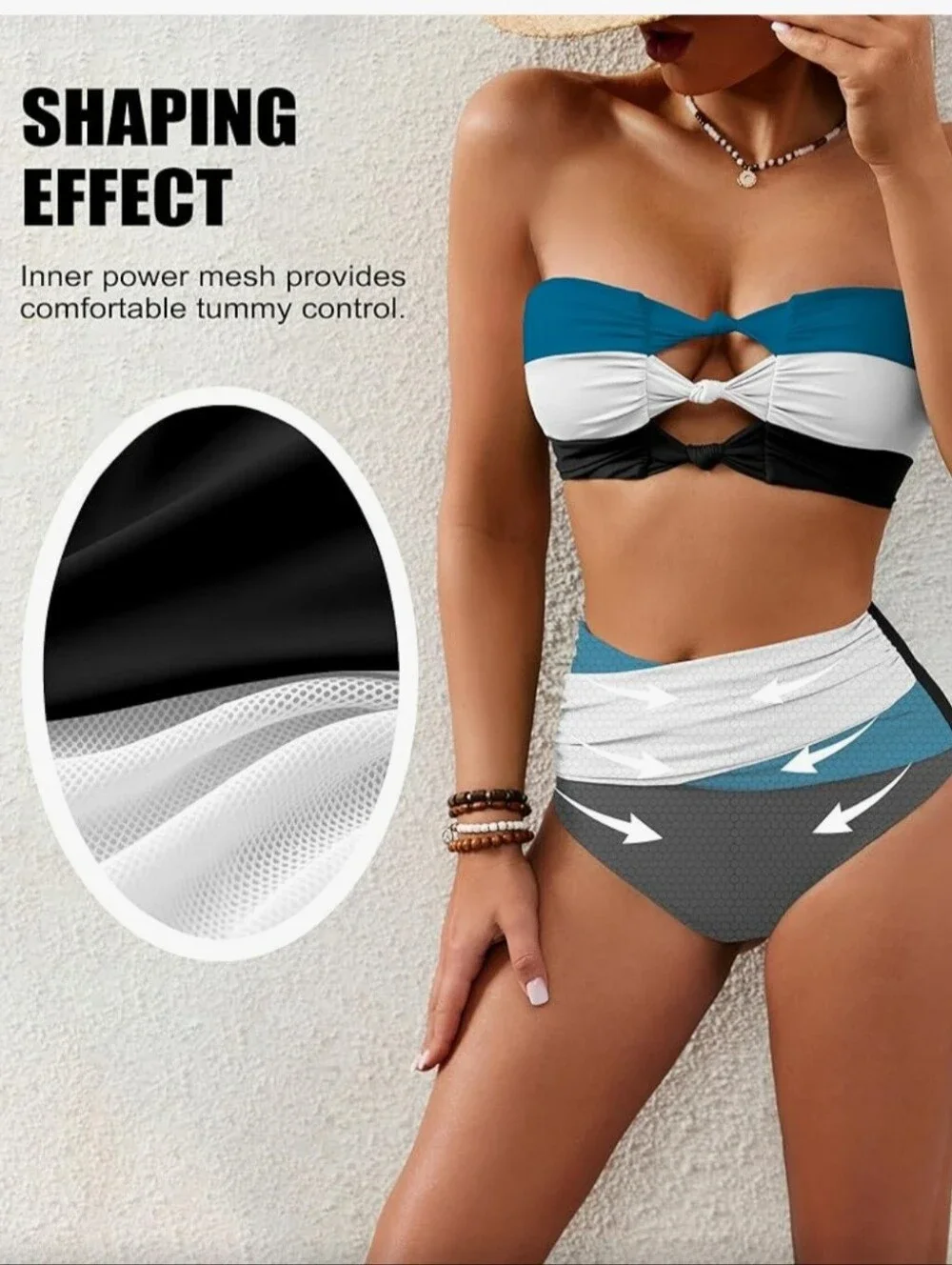 Teal White Black Colorblock Twist Bandeau Bikini - Women Swim. Size L. NWOT
